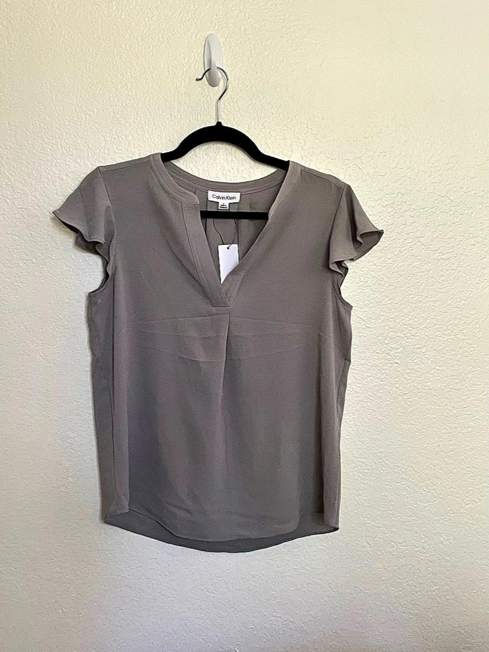 Calvin Klein Flutter Sleeve V-Neck Blouse in Gray